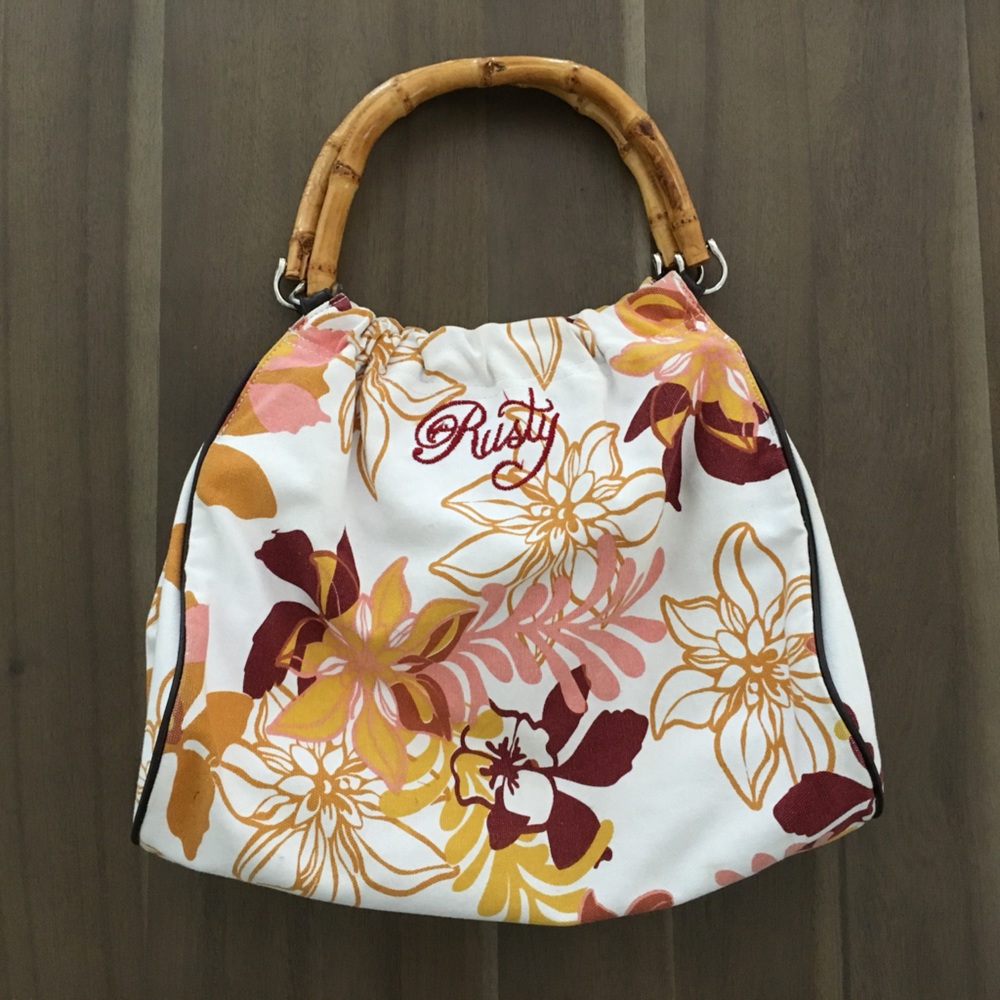 Rusty Floral Canvas Bag with Bamboo Handles